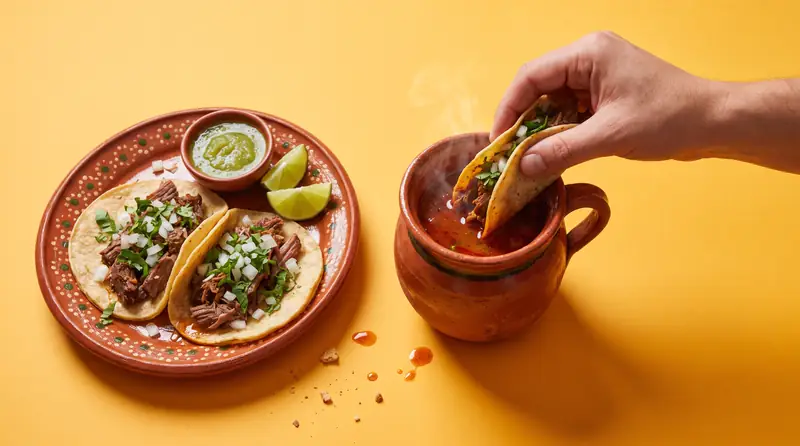 A hand dipping a barbacoa taco into a clay cup of steaming consomé beside a plate of two more tacos, salsa verde and lime