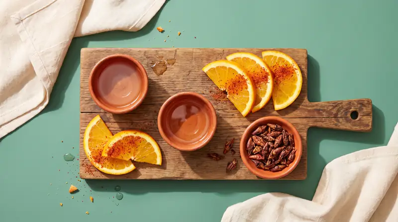 Clay copitas of mezcal on a wooden board with orange slices, sal de gusano and a bowl of chapulines
