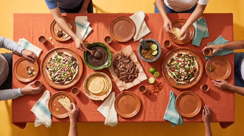 A long table from above with tlayudas, mole, barbacoa and salsas, and many hands reaching in to share