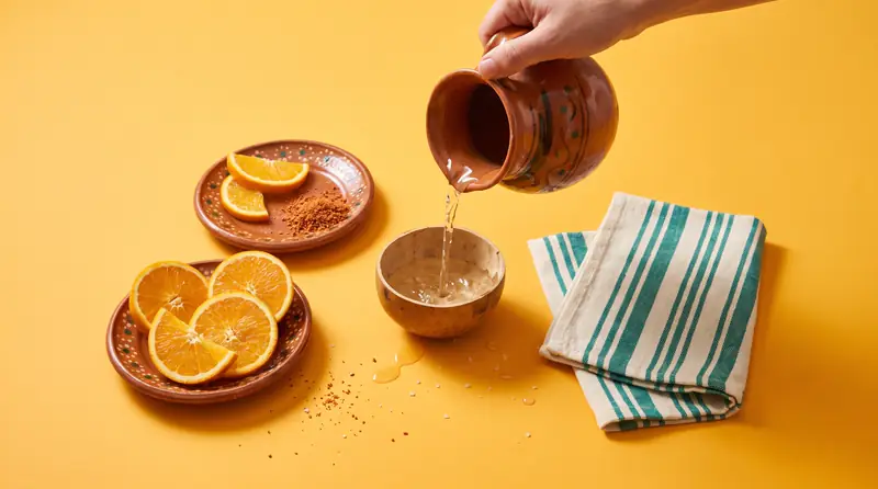 Mezcal being poured from a clay jug into a jícara cup beside orange slices
